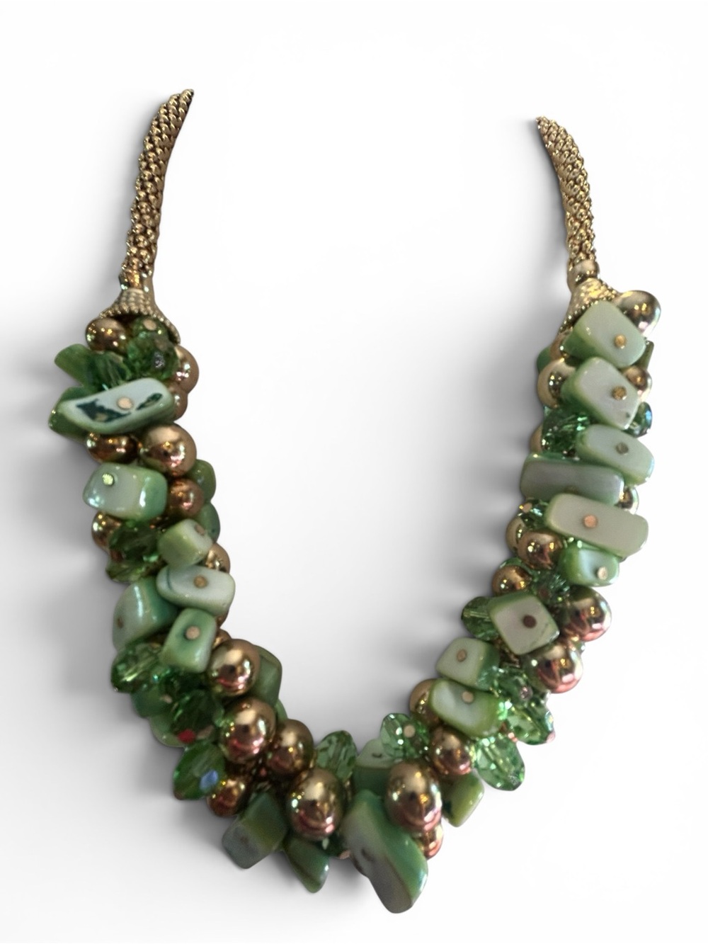 Gold-tone Green Shell Glass and Beaded Necklace - Picture 3 of 3